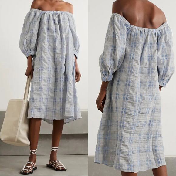 NWT Remain Birger Christensen Lea Brunnera Blue Plaid Off Shoulder Midi Dress 6 - Picture 1 of 16